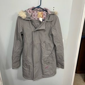 Juniors Medium Billabong Faux Fur Hooded Thick Trench Coat Jacket Pea Coat